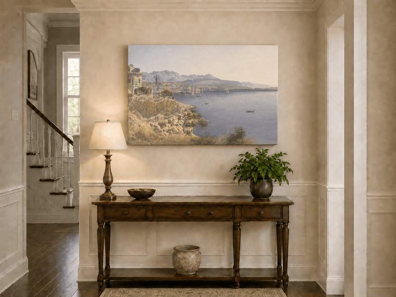 Landscape Oil Painting - Coastal Harbor and Distant Mountains