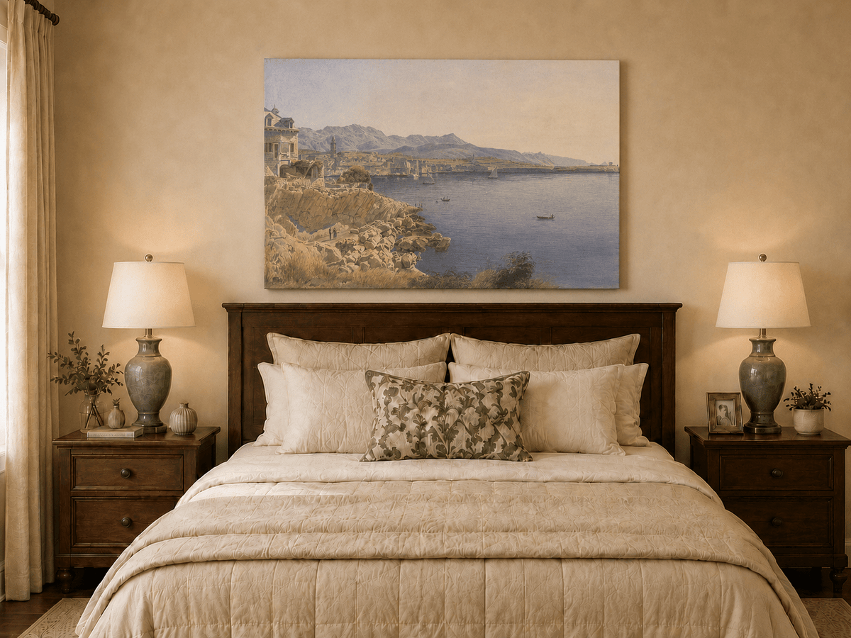 Landscape Oil Painting - Coastal Harbor and Distant Mountains