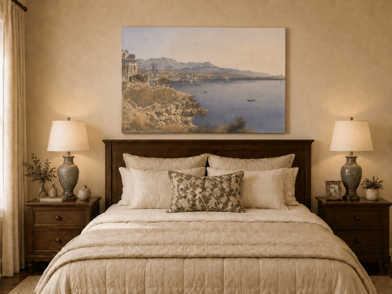 Landscape Oil Painting - Coastal Harbor and Distant Mountains