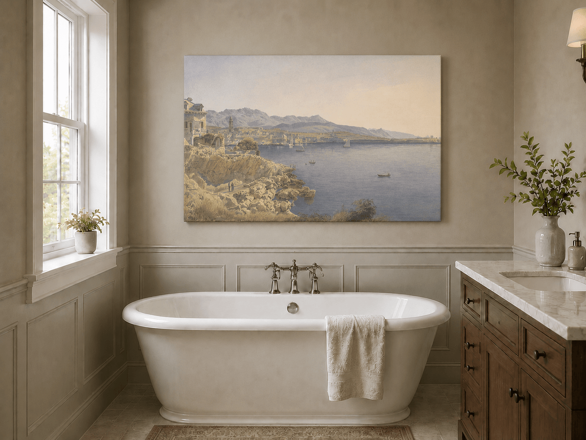 Landscape Oil Painting - Coastal Harbor and Distant Mountains