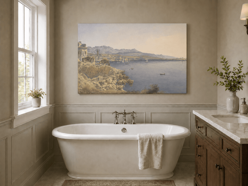 Landscape Oil Painting - Coastal Harbor and Distant Mountains