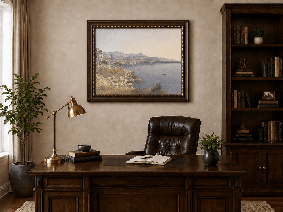 Landscape Oil Painting - Coastal Harbor and Distant Mountains
