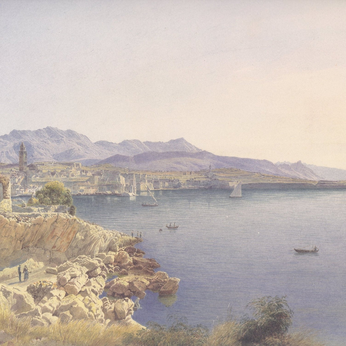 Landscape Oil Painting - Coastal Harbor and Distant Mountains - Oil Painting Haven
