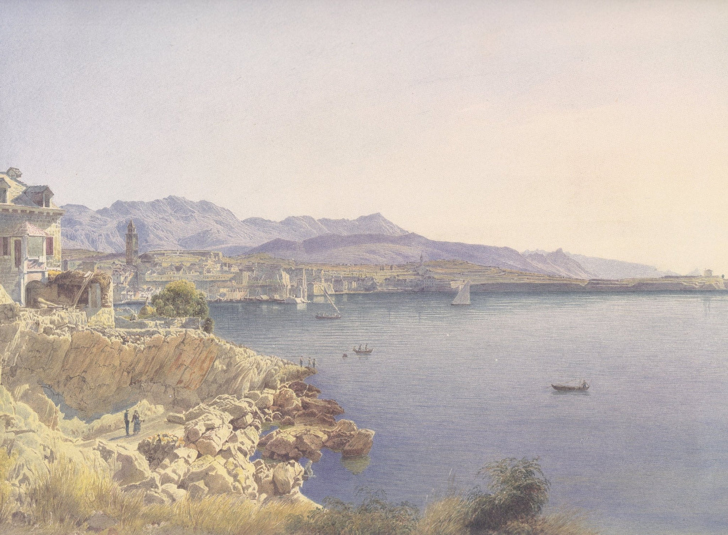 Hand-painted coastal harbor and distant mountains landscape oil painting on canvas