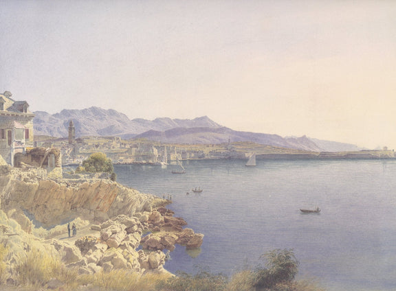 Landscape Oil Painting - Coastal Harbor and Distant Mountains - Oil Painting Haven