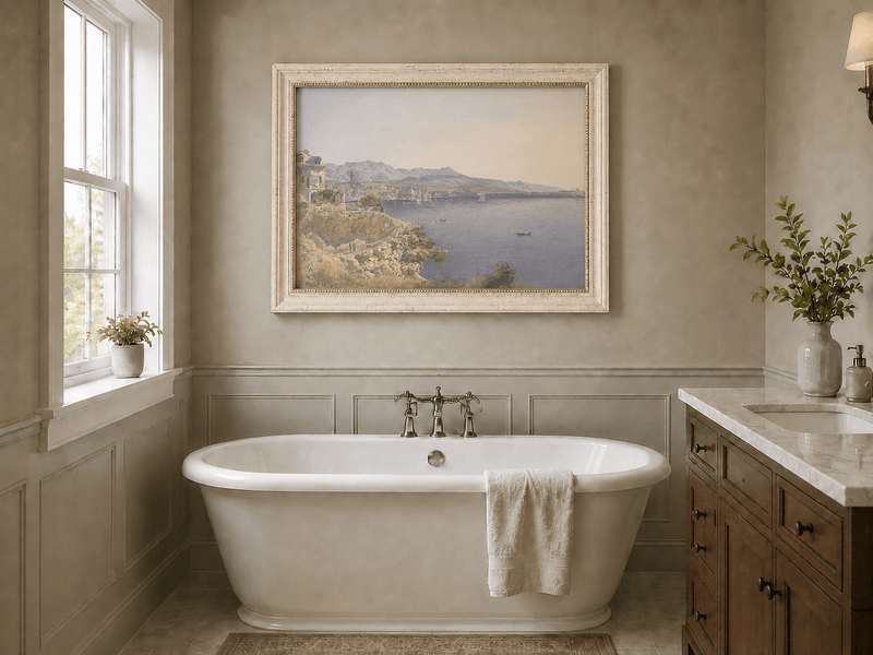 Landscape Oil Painting - Coastal Harbor and Distant Mountains