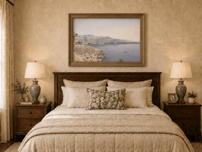 Landscape Oil Painting - Coastal Harbor and Distant Mountains