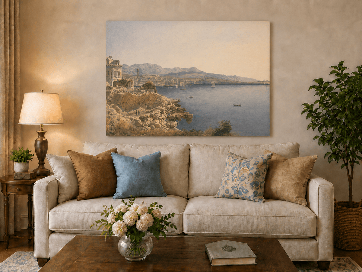 Landscape Oil Painting - Coastal Harbor and Distant Mountains