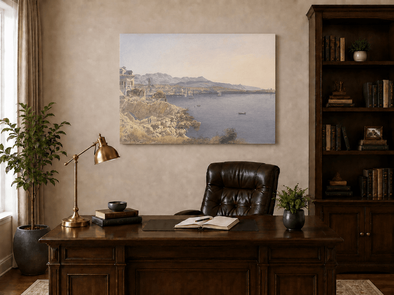 Landscape Oil Painting - Coastal Harbor and Distant Mountains