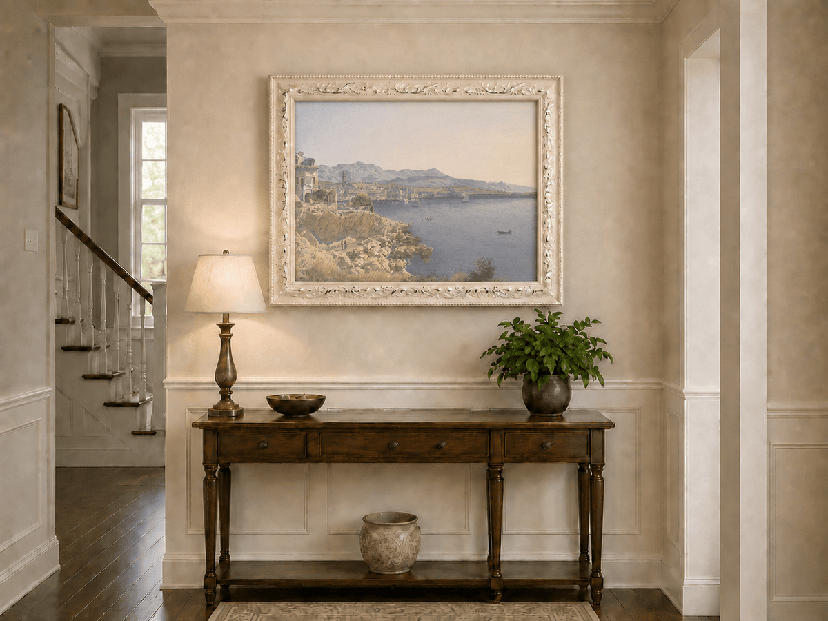 Landscape Oil Painting - Coastal Harbor and Distant Mountains