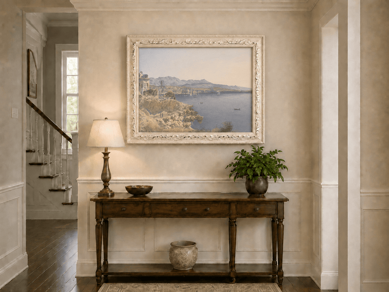 Landscape Oil Painting - Coastal Harbor and Distant Mountains