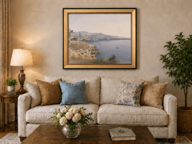 Landscape Oil Painting - Coastal Harbor and Distant Mountains