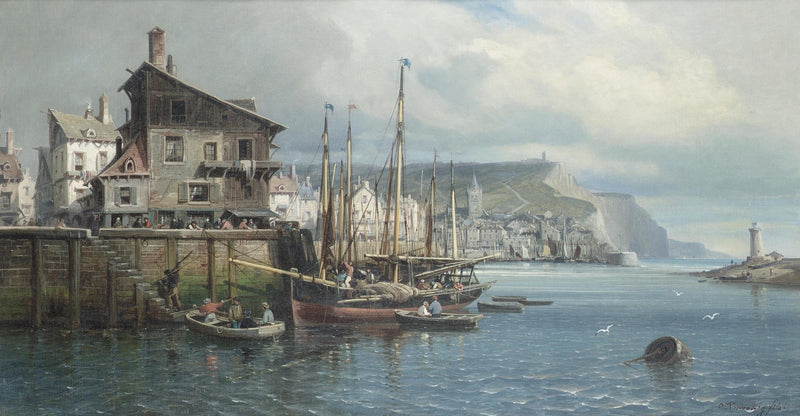 Landscape Oil Painting - Coastal harbor town & waterfront buildings - Oil Painting Haven