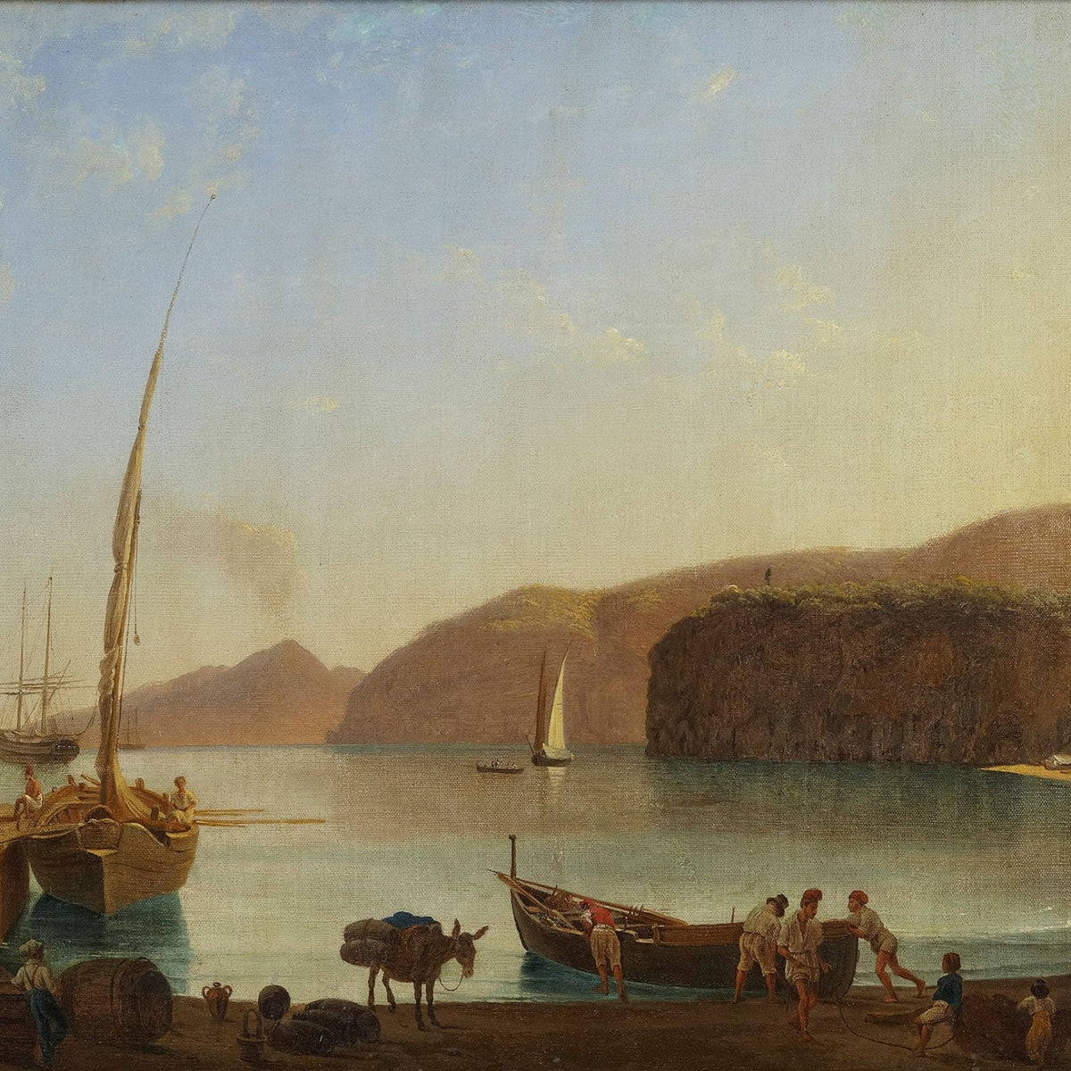 Landscape Oil Painting - Coastal Harbor with Boats and Cliffs - Oil Painting Haven
