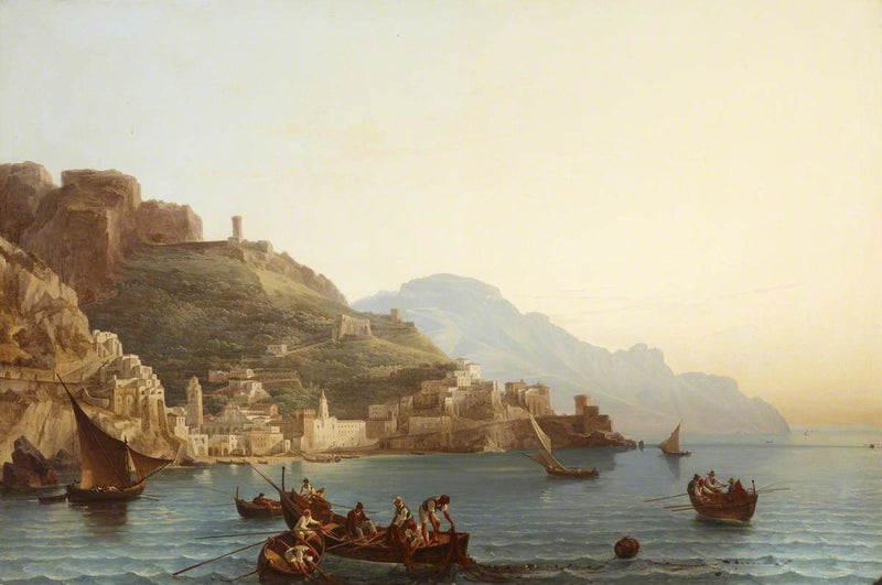 Hand-painted coastal harbor with boats at sunset landscape oil painting on canvas