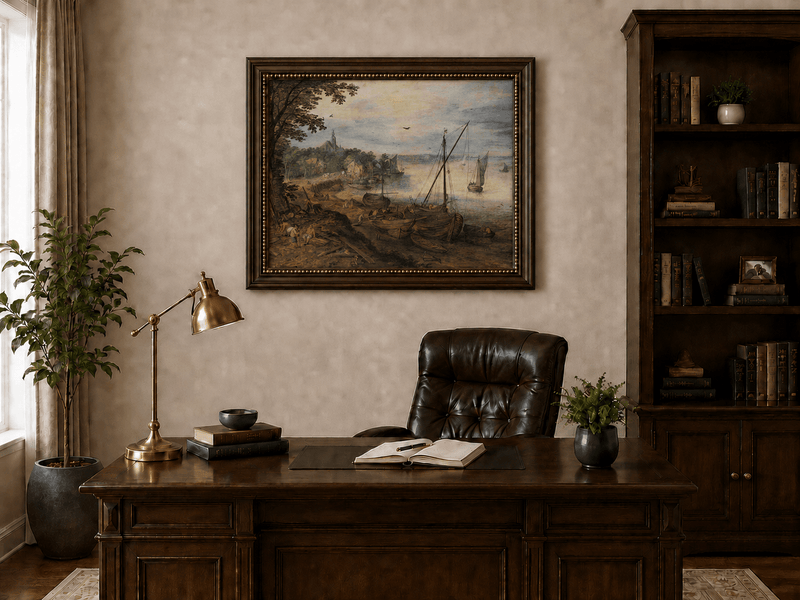 Peinture à l'huile de paysage - Village côtier avec phare et coucher de soleil