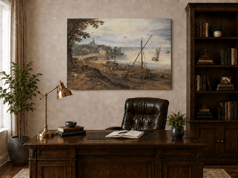 Peinture à l'huile de paysage - Village côtier avec phare et coucher de soleil