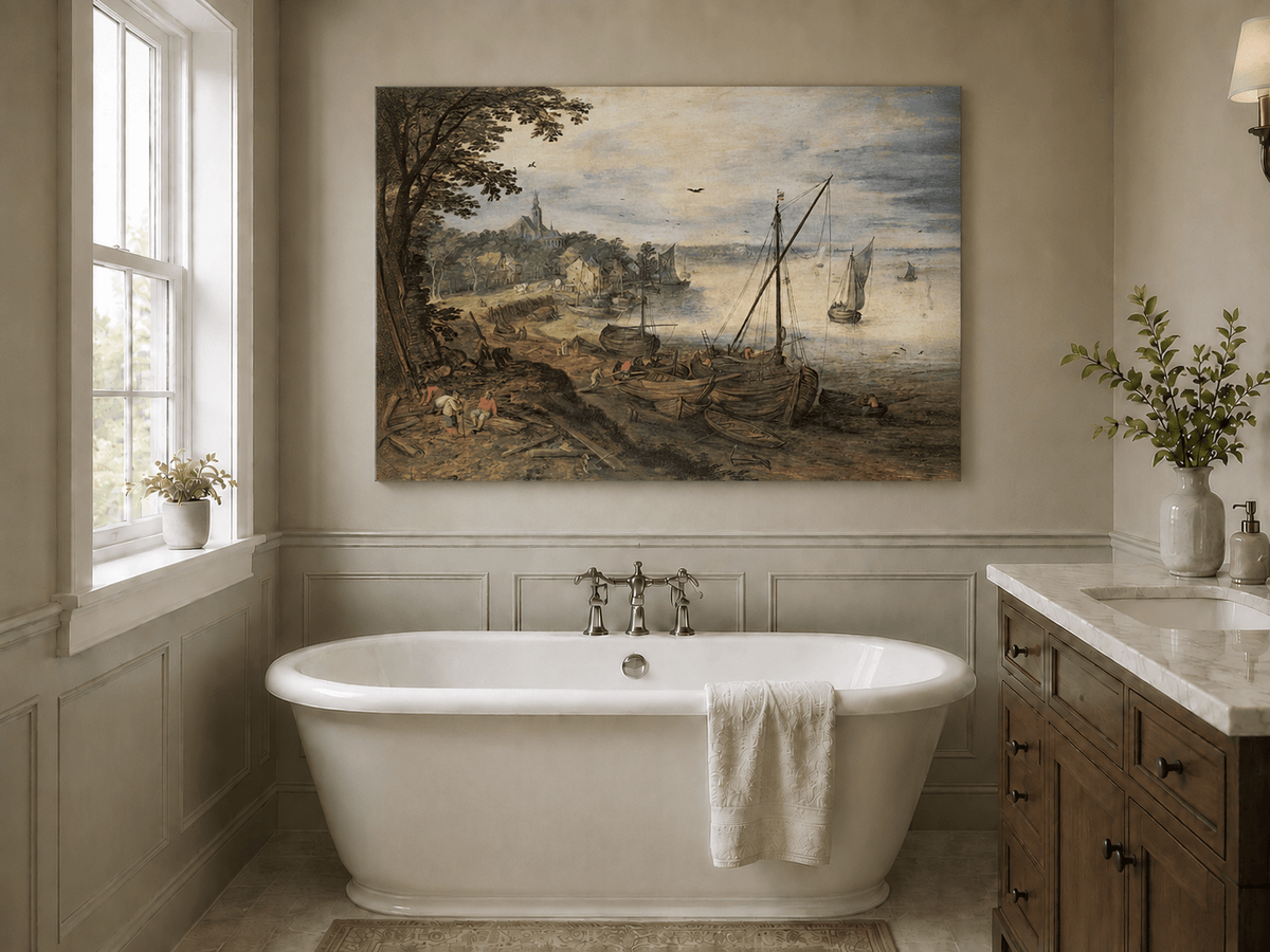 Peinture à l'huile de paysage - Village côtier avec phare et coucher de soleil