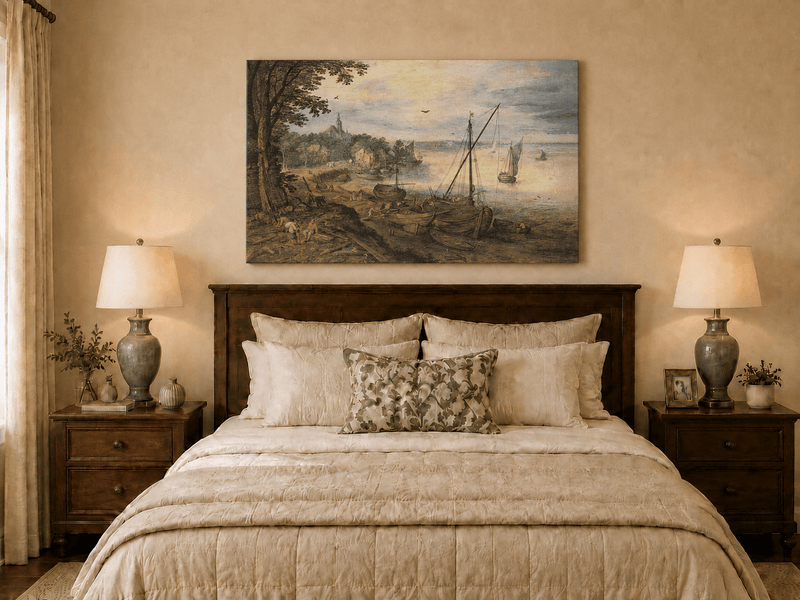 Peinture à l'huile de paysage - Village côtier avec phare et coucher de soleil