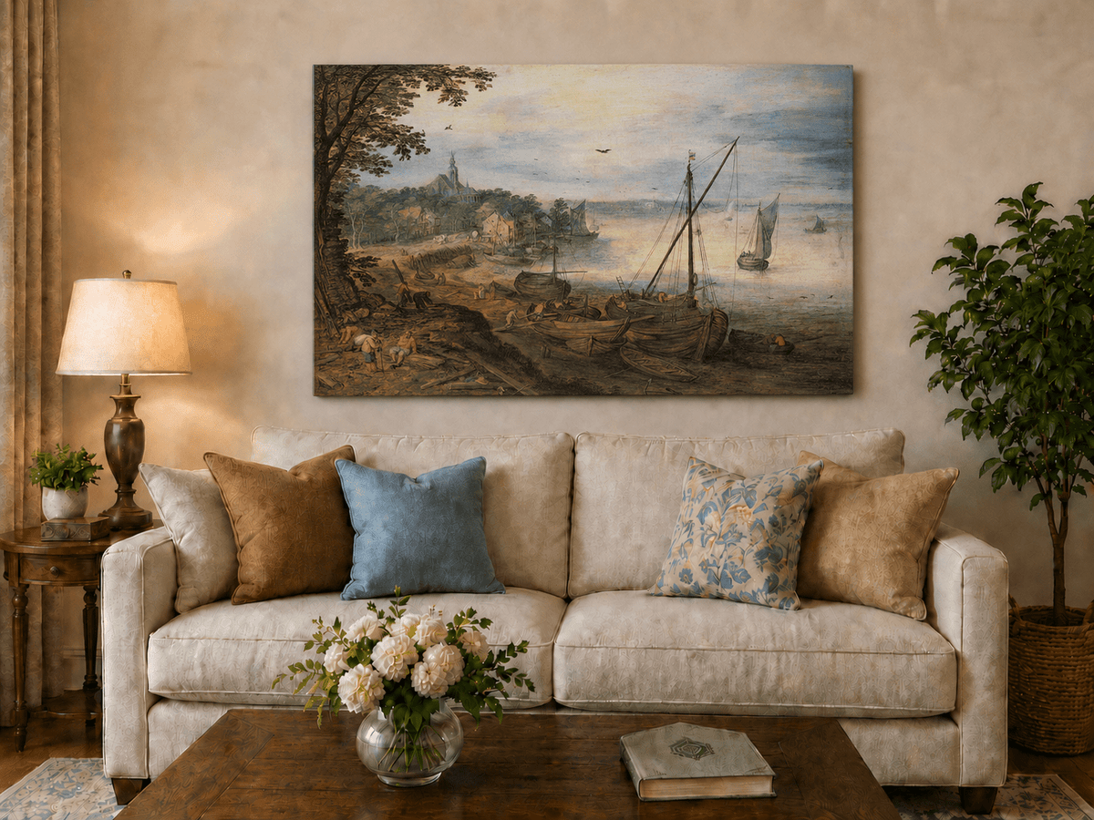 Peinture à l'huile de paysage - Village côtier avec phare et coucher de soleil