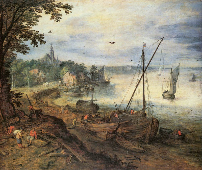 Hand-painted coastal harbor with sailing boats landscape oil painting on canvas