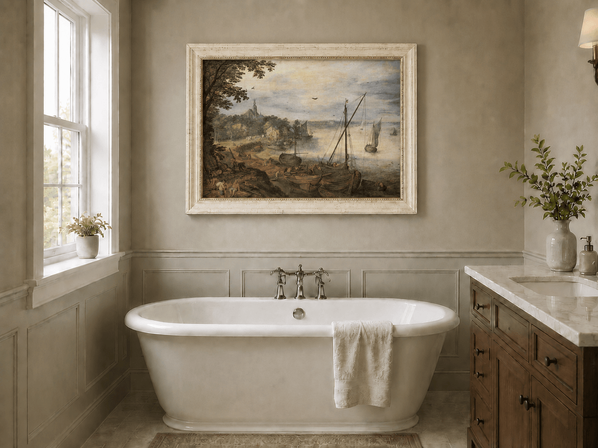 Peinture à l'huile de paysage - Village côtier avec phare et coucher de soleil