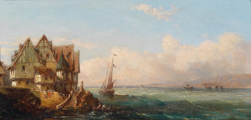 Hand-painted coastal house and sailing boats landscape oil painting on canvas