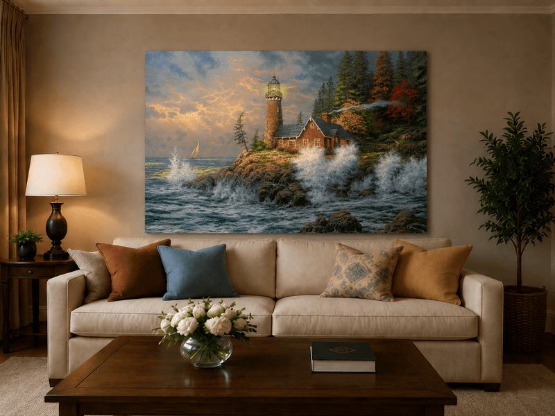 Landscape Oil Painting - Coastal Lighthouse with Crashing Waves