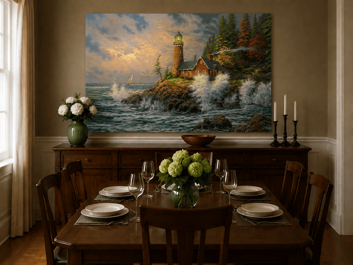 Landscape Oil Painting - Coastal Lighthouse with Crashing Waves