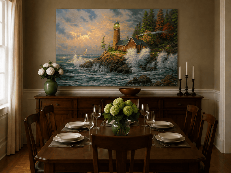 Landscape Oil Painting - Coastal Lighthouse with Crashing Waves