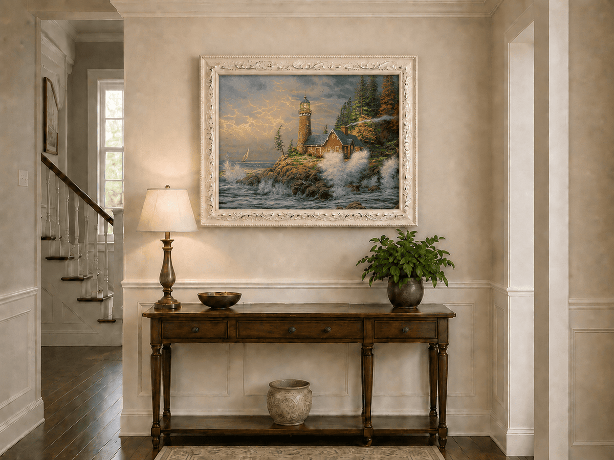 Landscape Oil Painting - Coastal Lighthouse with Crashing Waves