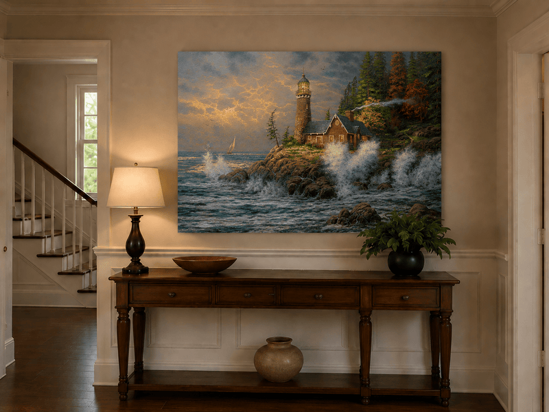 Landscape Oil Painting - Coastal Lighthouse with Crashing Waves