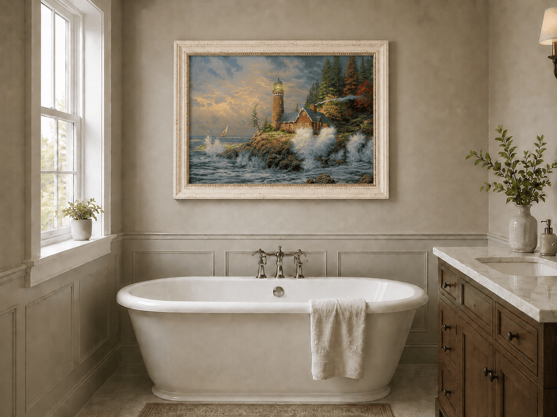 Landscape Oil Painting - Coastal Lighthouse with Crashing Waves