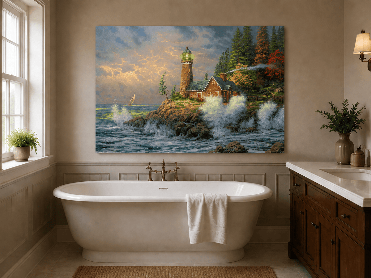 Landscape Oil Painting - Coastal Lighthouse with Crashing Waves