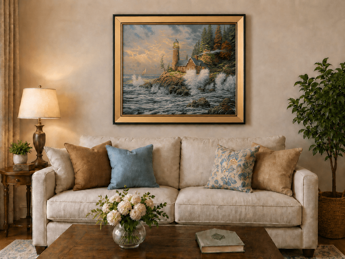 Landscape Oil Painting - Coastal Lighthouse with Crashing Waves