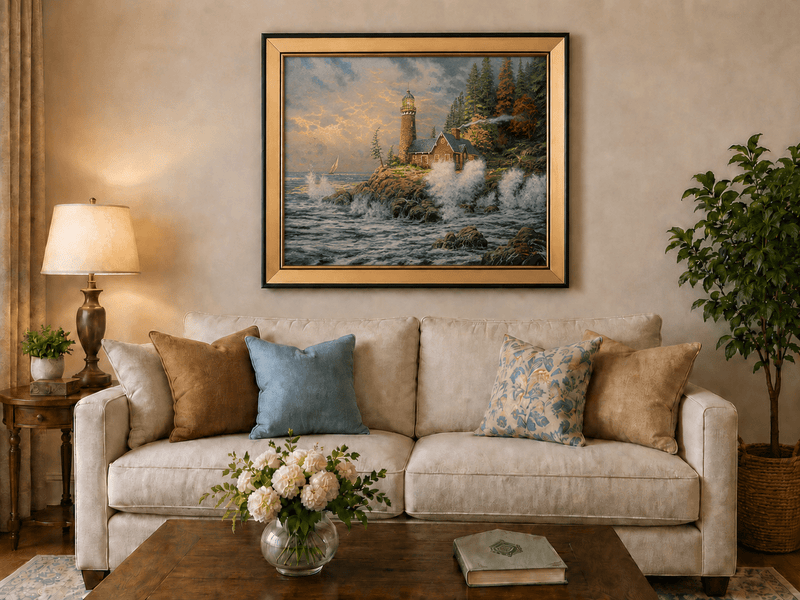 Landscape Oil Painting - Coastal Lighthouse with Crashing Waves