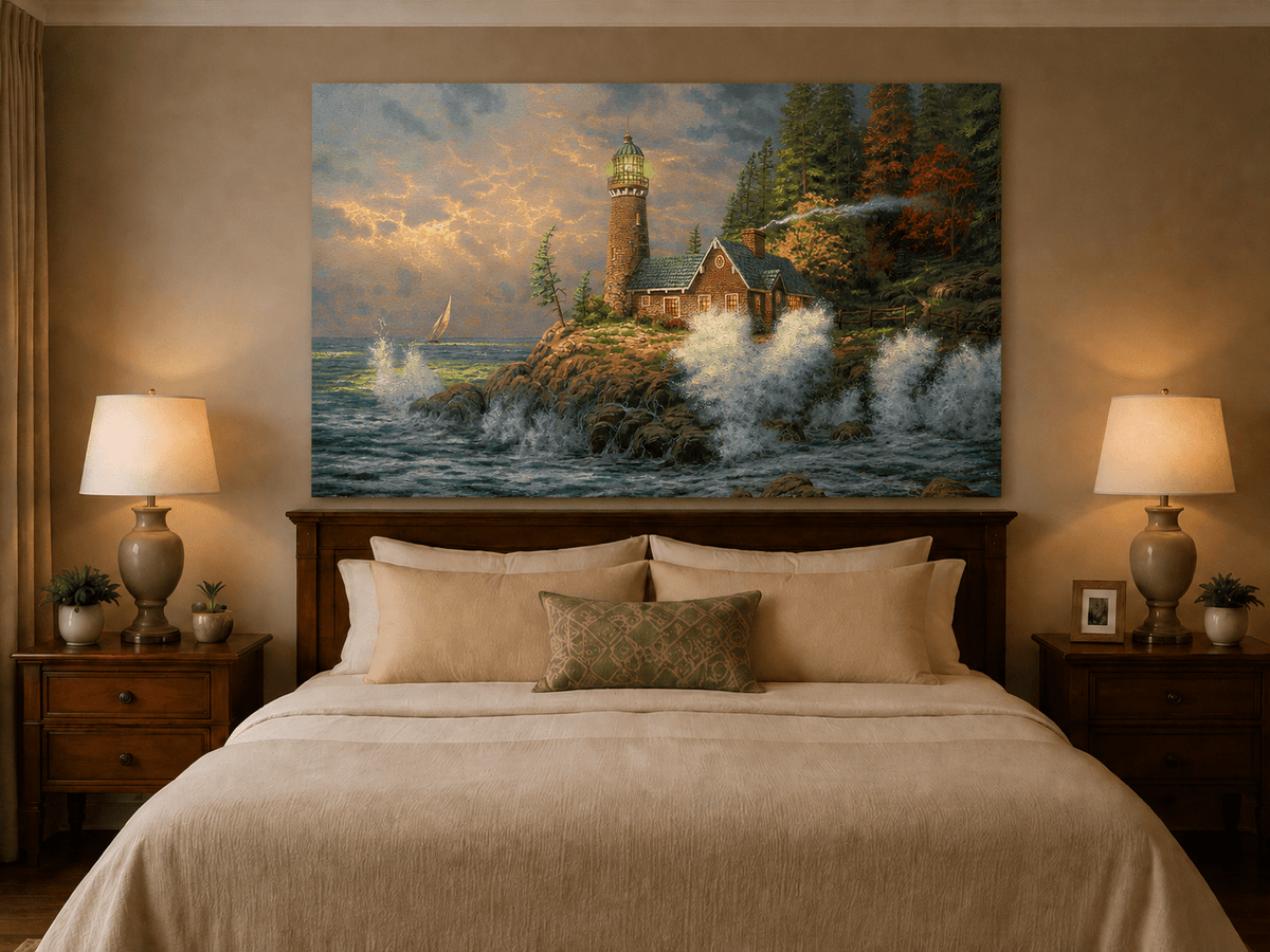Landscape Oil Painting - Coastal Lighthouse with Crashing Waves