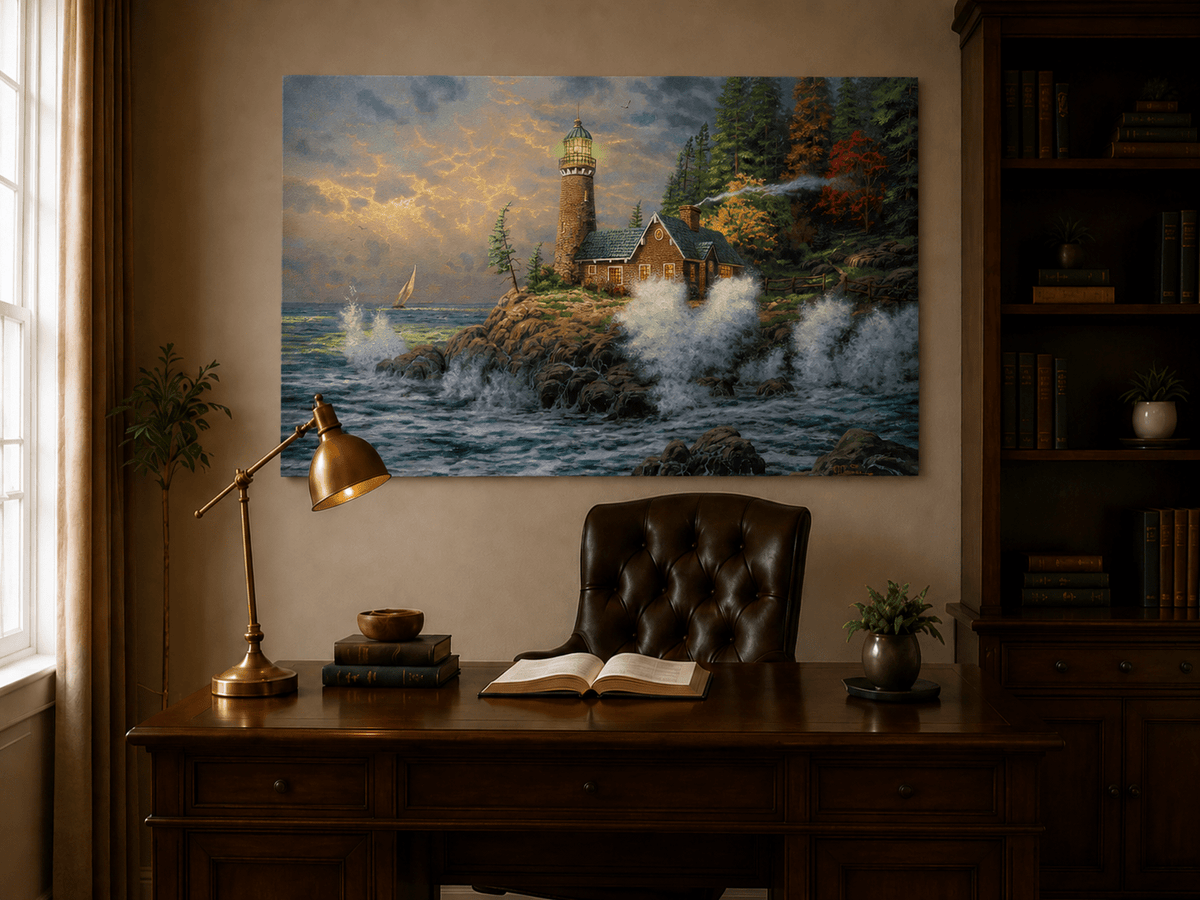 Landscape Oil Painting - Coastal Lighthouse with Crashing Waves