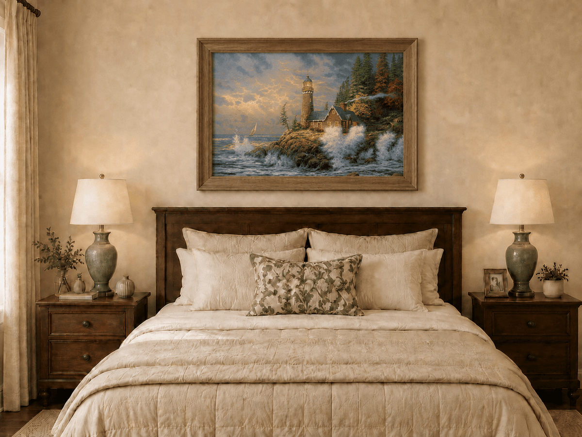 Landscape Oil Painting - Coastal Lighthouse with Crashing Waves