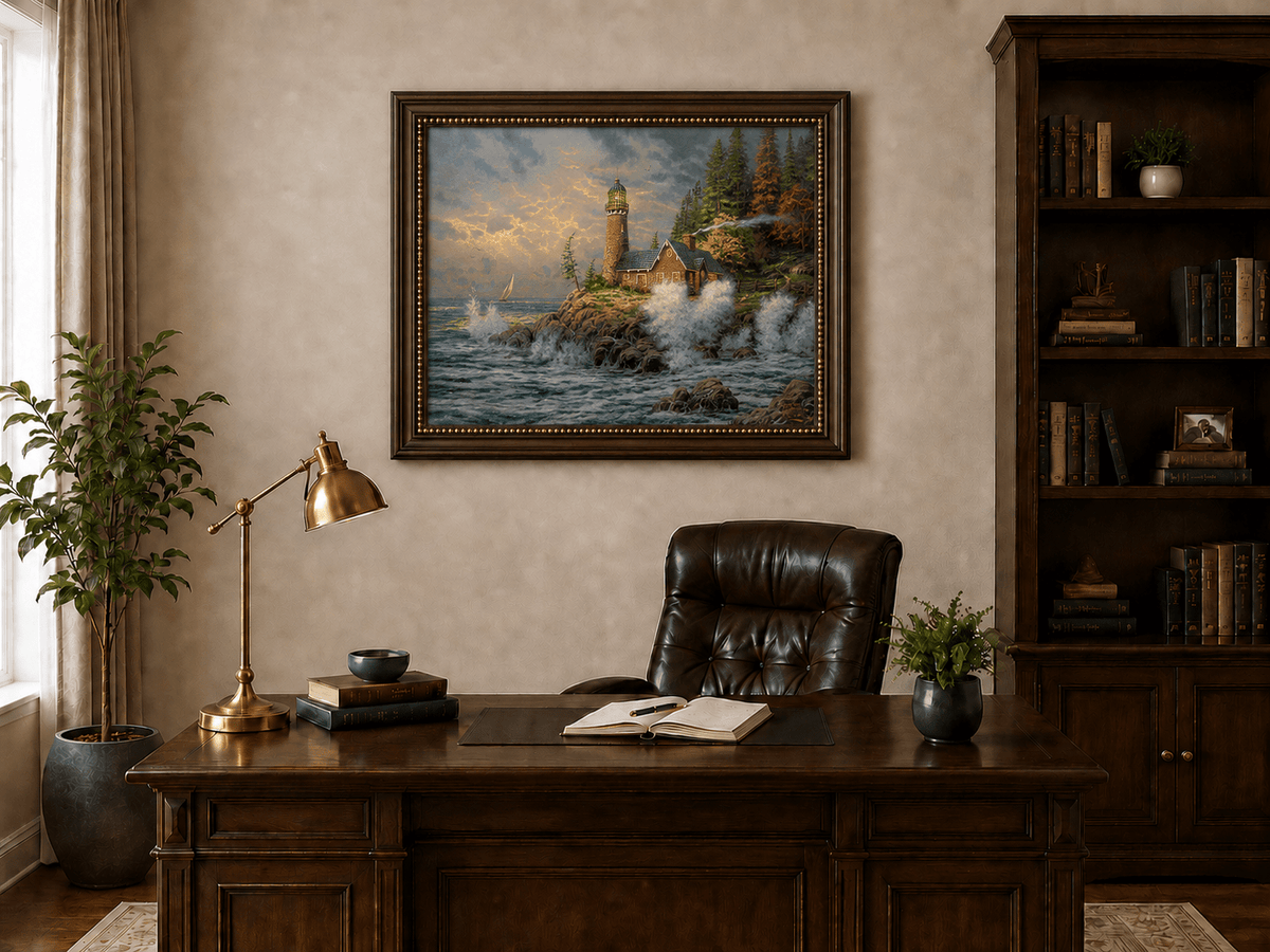Landscape Oil Painting - Coastal Lighthouse with Crashing Waves