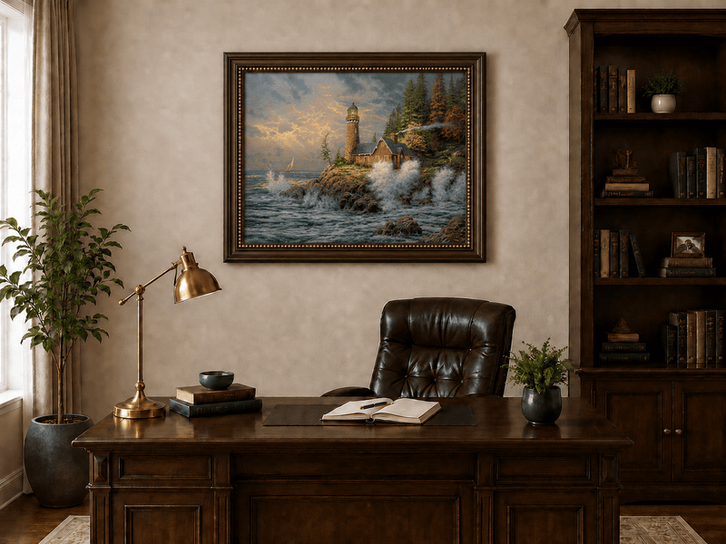 Landscape Oil Painting - Coastal Lighthouse with Crashing Waves