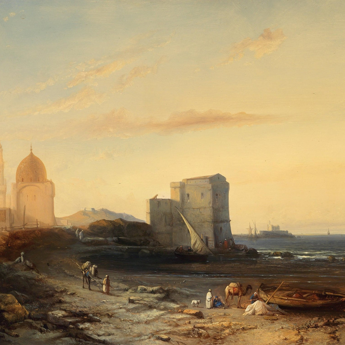 Landscape Oil Painting - Coastal Middle Eastern Town, Mosque, Camels - Oil Painting Haven