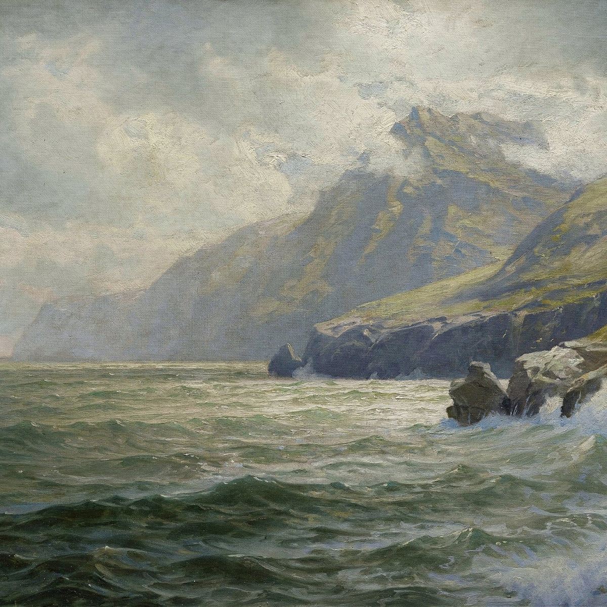 Landscape Oil Painting - Coastal Mountain & Waves Crashing on Rocky Shore - Oil Painting Haven