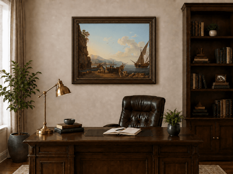 Peinture à l'huile de paysage - Port côtier et foule sur le rivage