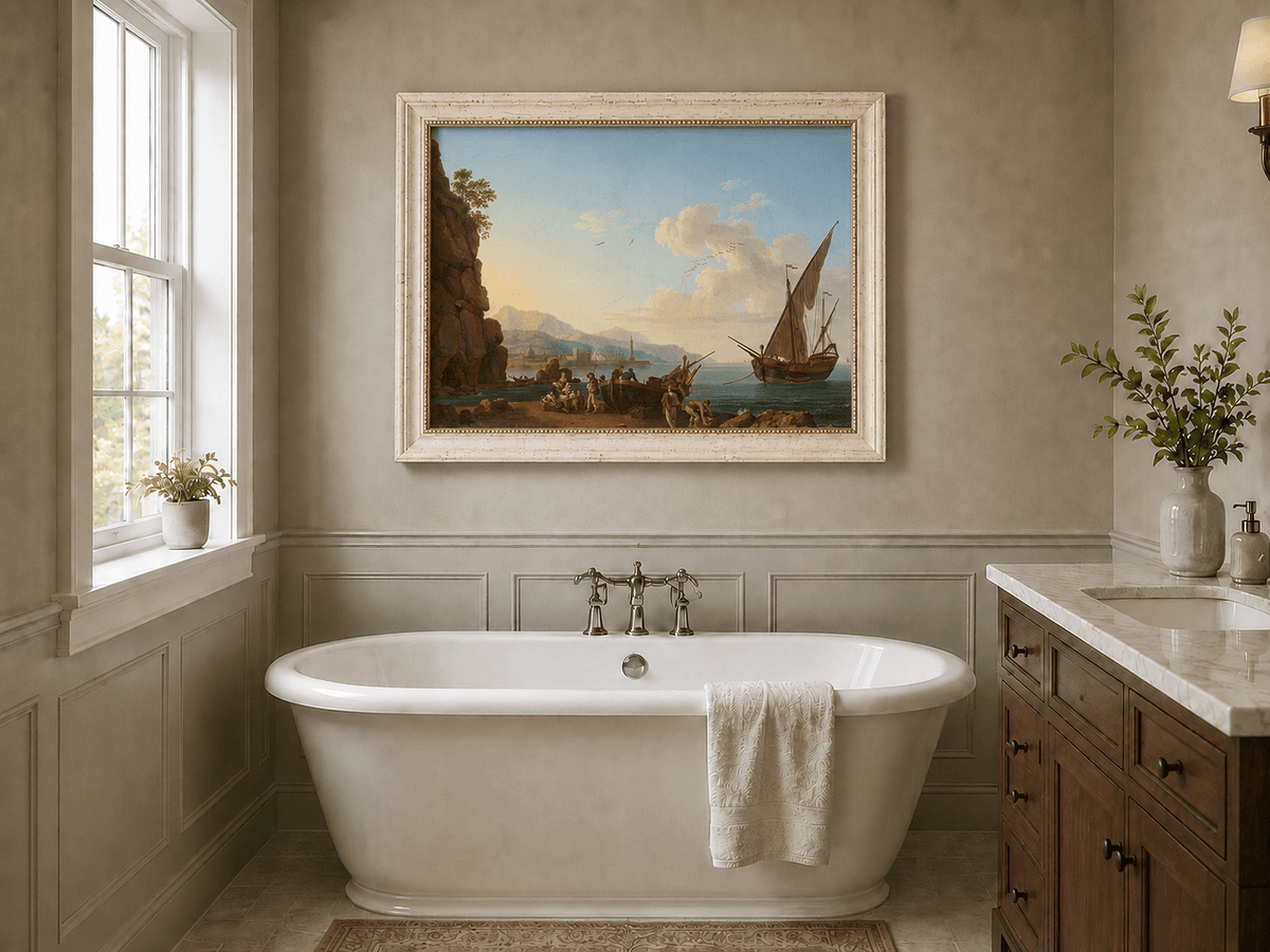 Peinture à l'huile de paysage - Port côtier et foule sur le rivage