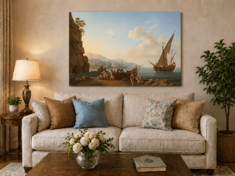 Peinture à l'huile de paysage - Port côtier et foule sur le rivage