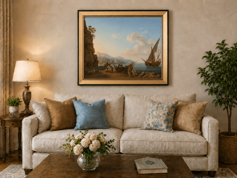 Peinture à l'huile de paysage - Port côtier et foule sur le rivage