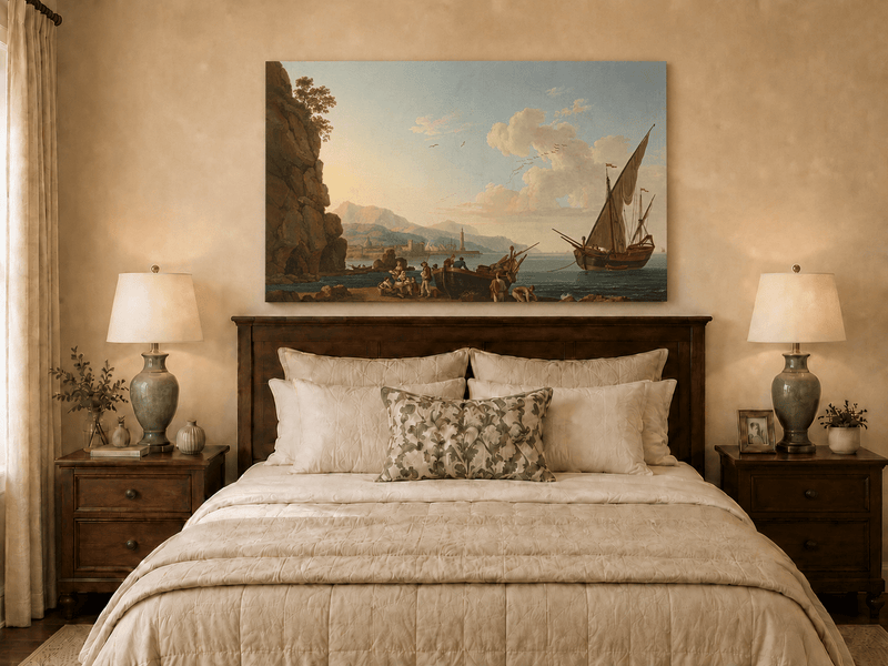 Peinture à l'huile de paysage - Port côtier et foule sur le rivage
