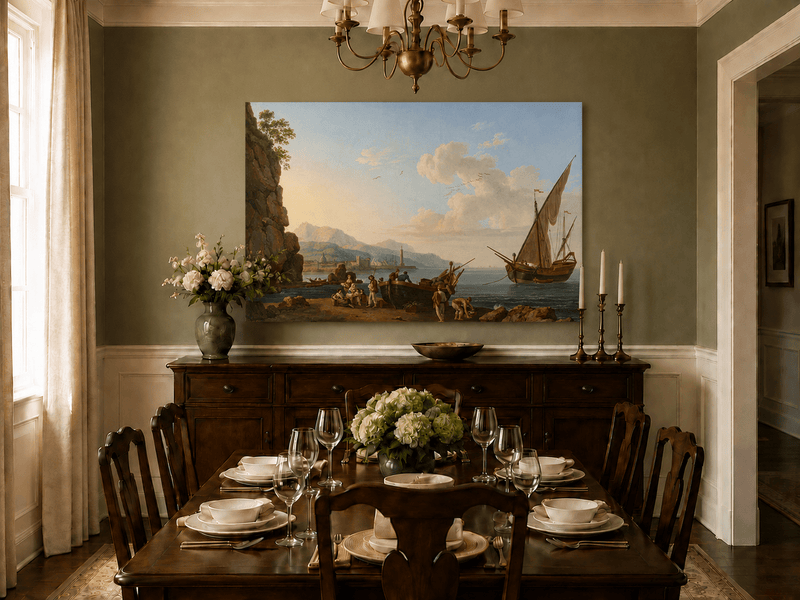 Peinture à l'huile de paysage - Port côtier et foule sur le rivage