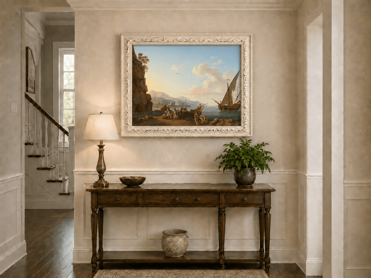 Peinture à l'huile de paysage - Port côtier et foule sur le rivage